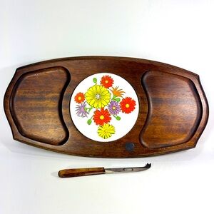 Hand Crafted Hardwood Cheese Board Retro Vintage Floral Design 70s Charcuterie